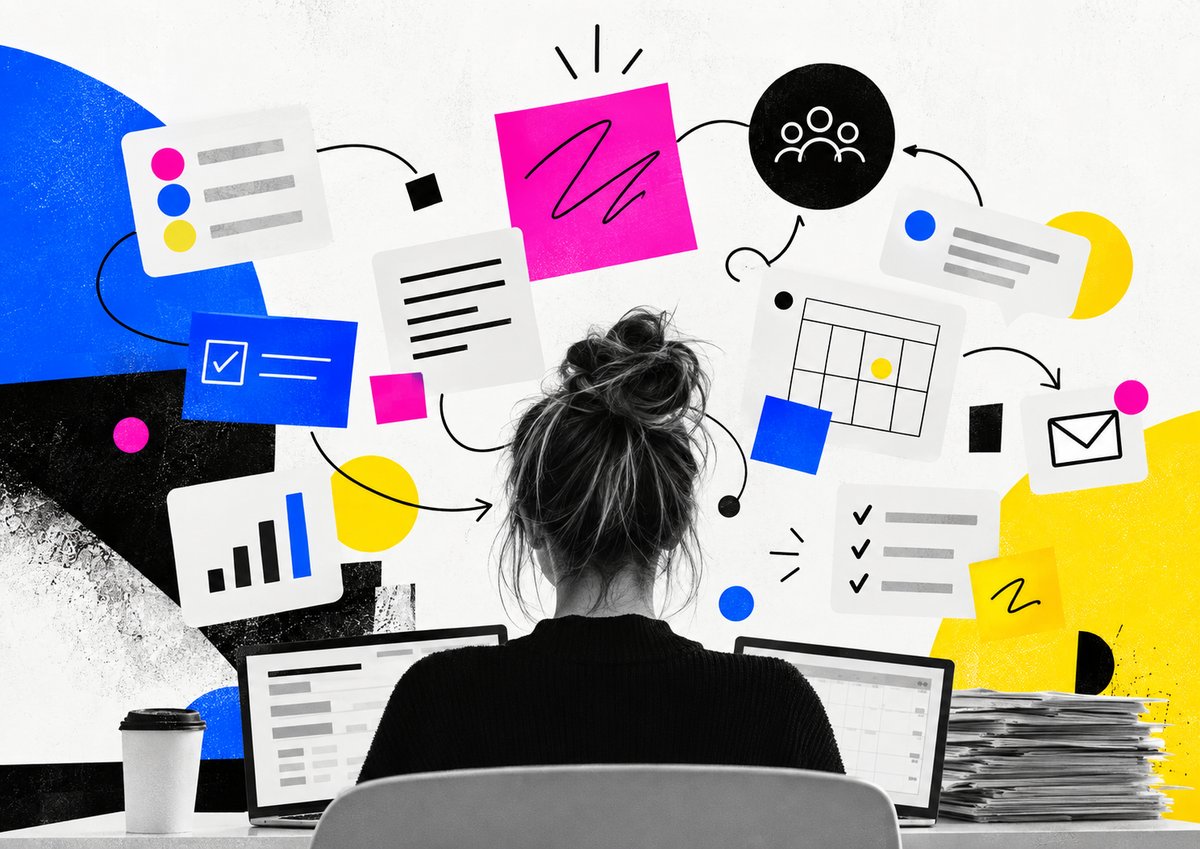Woman looking at a productivity collage Woman looking at a productivity collage
